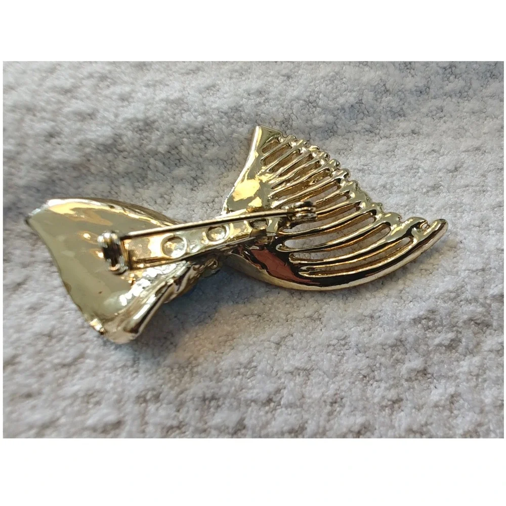 Brooch Gold Teal Blue AB Rhinestone Abstract Wing Fan Vintage Style Pin‎